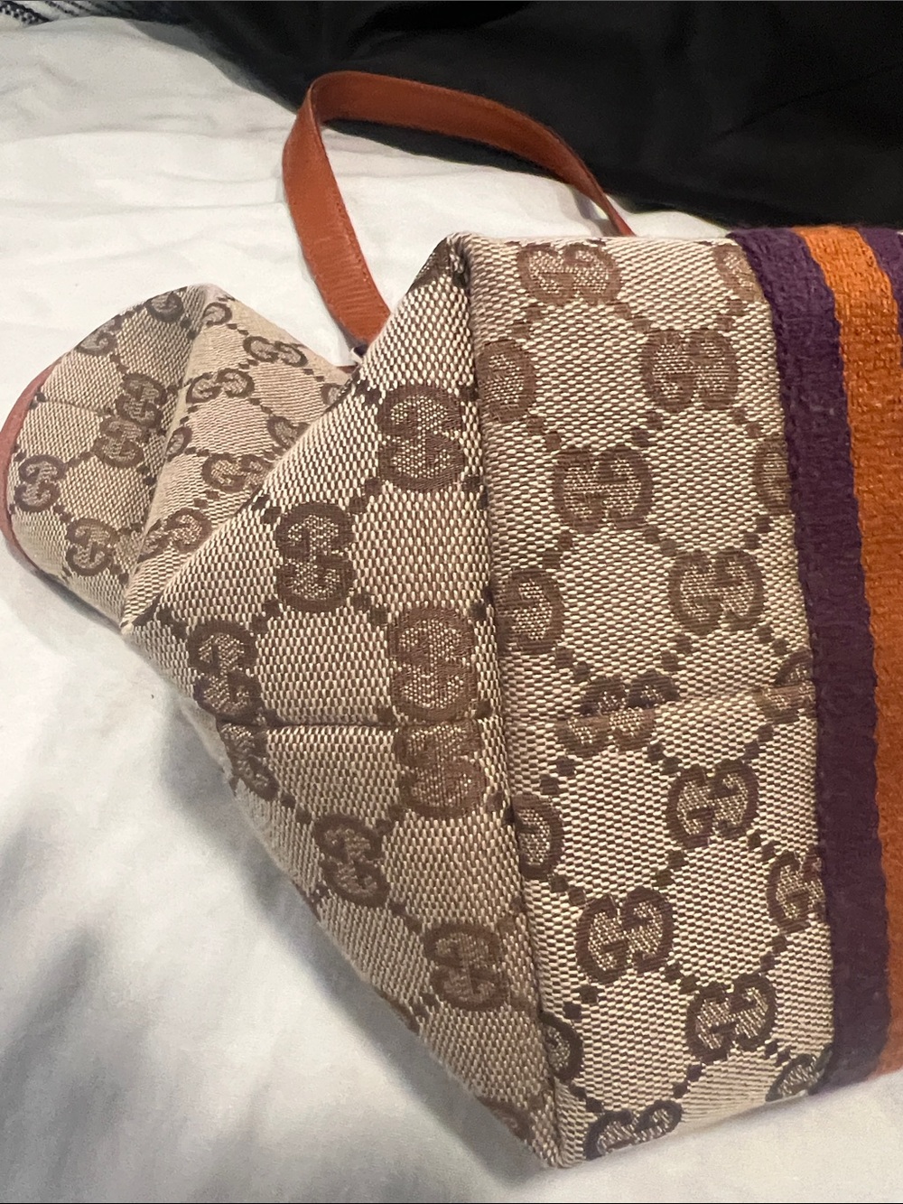 Gucci Beige GG Canvas Tote with Orange Leather Handles and Purple/Orange Stripes - Picture 5 of 11